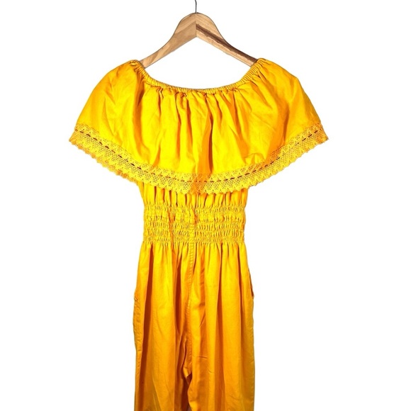 Mexican Boho Embroidered Off Shoulder Yellow Floral Sunflower Jumpsuit w/Pockets - Picture 7 of 8